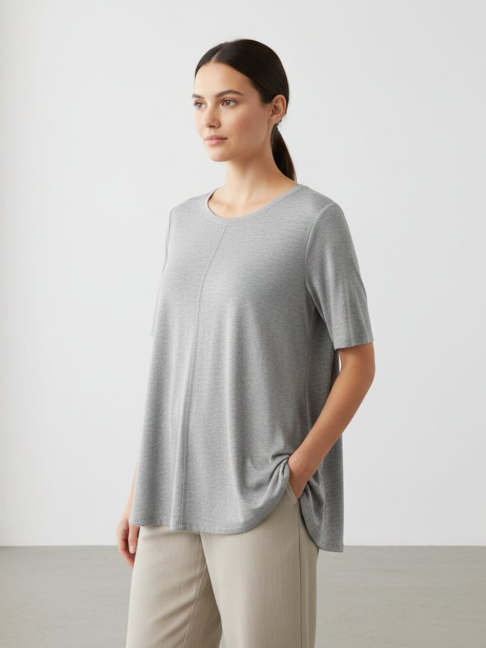 Loft S Swing Tee Top Gray Short Sleeve Rayon‎ Casual Hi Low Casual Minimalist